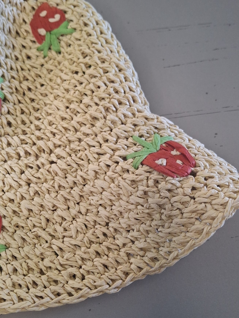 Straw Bucket Hat with Red Strawberry Motif - Picture 2 of 4